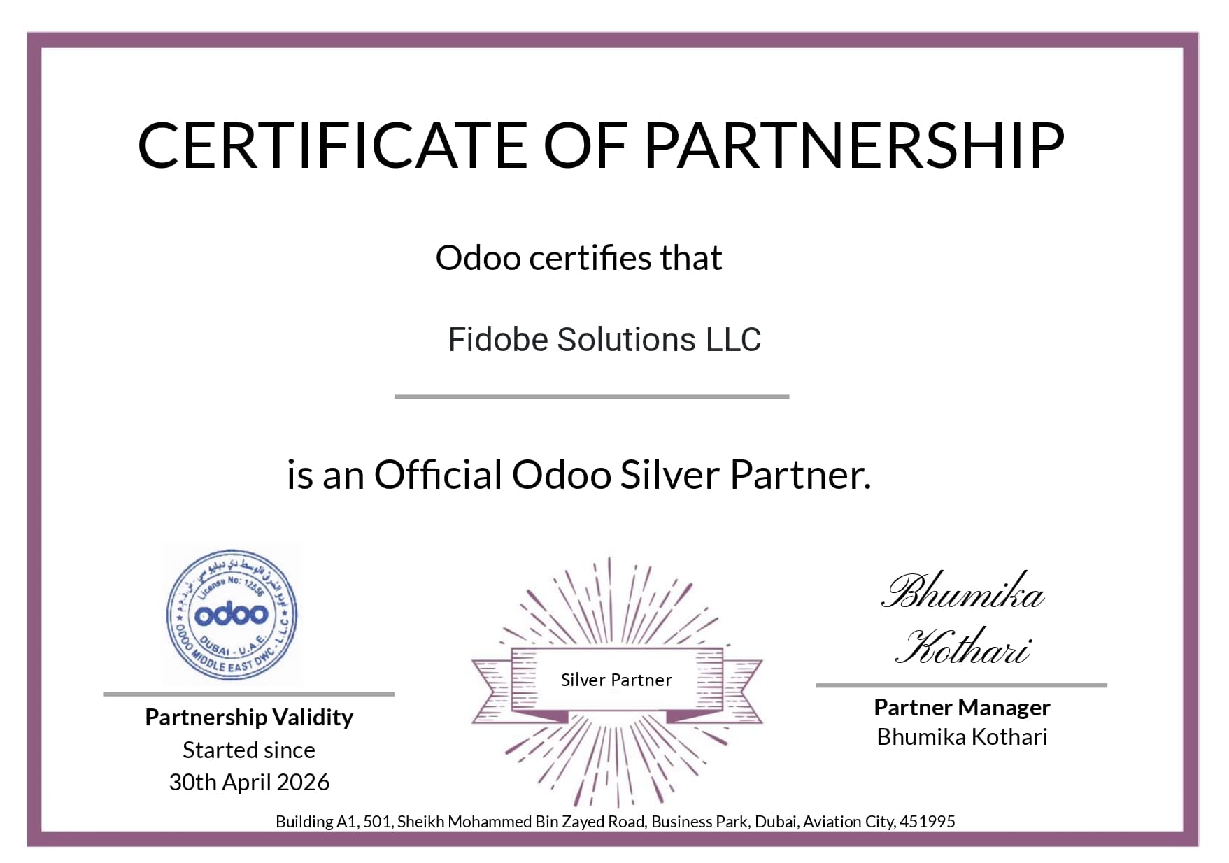 Fidobe Odoo Silver Partner Certificate